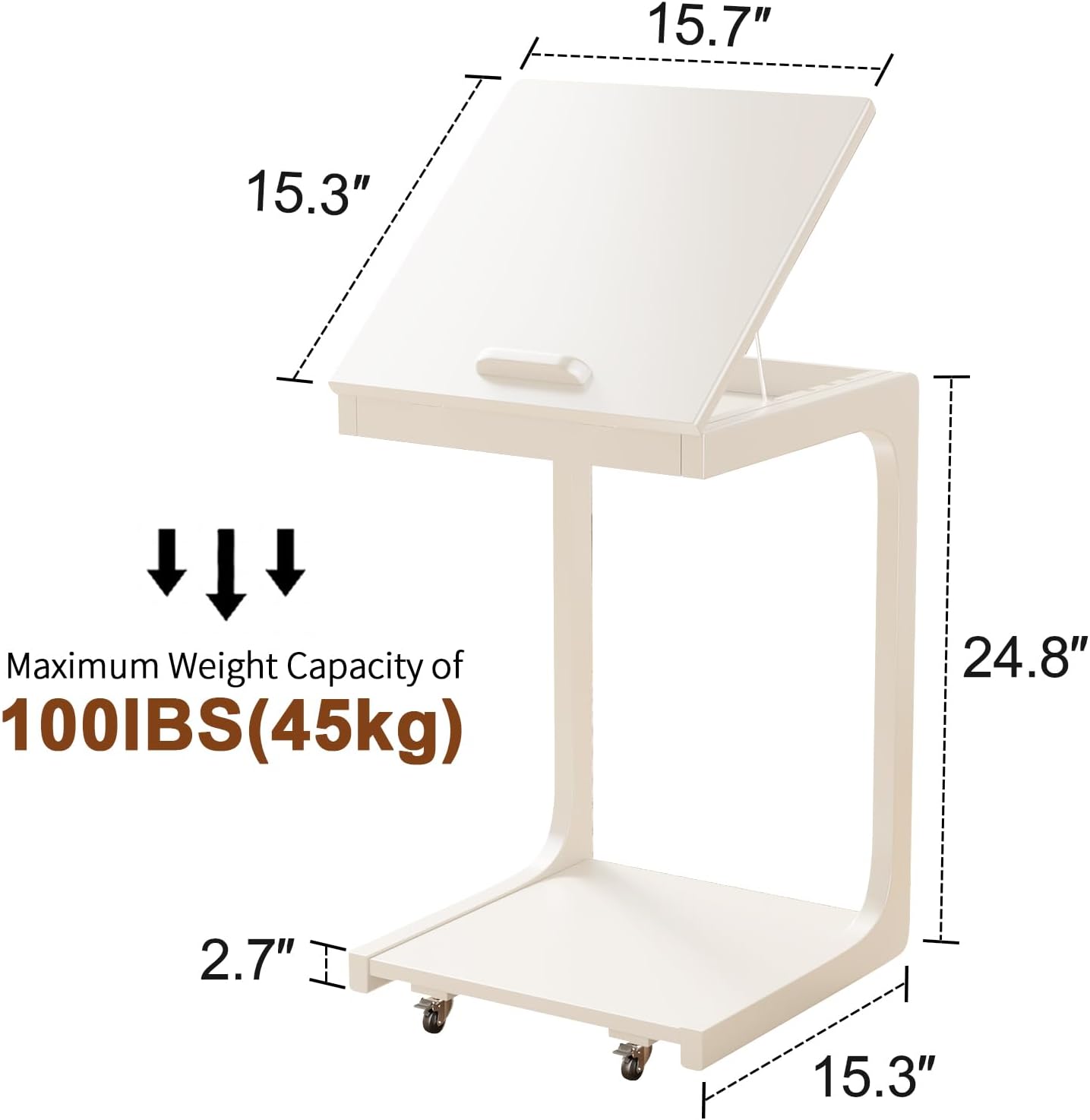 Houten C-vormige tafel voor de bank met wielen