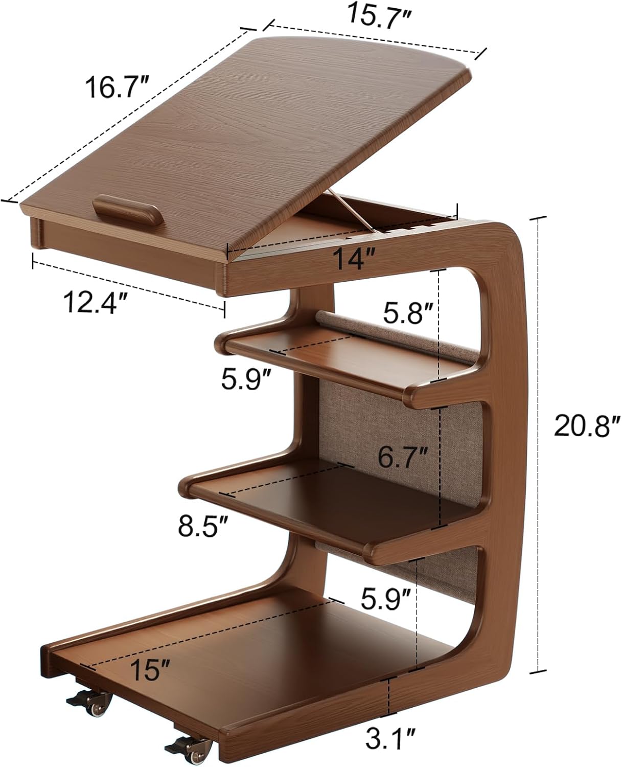 Houten C-vormige tafel voor de bank met wielen