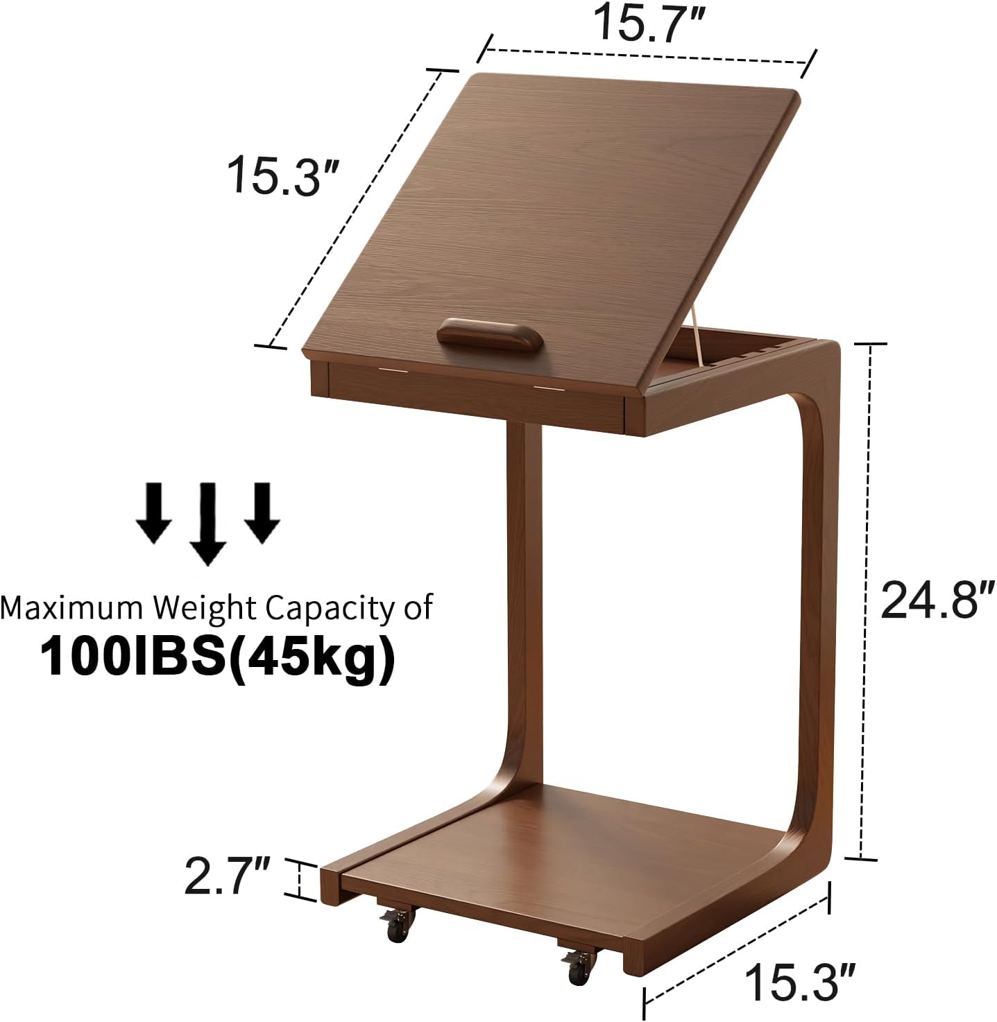 Houten C-vormige tafel voor de bank met wielen