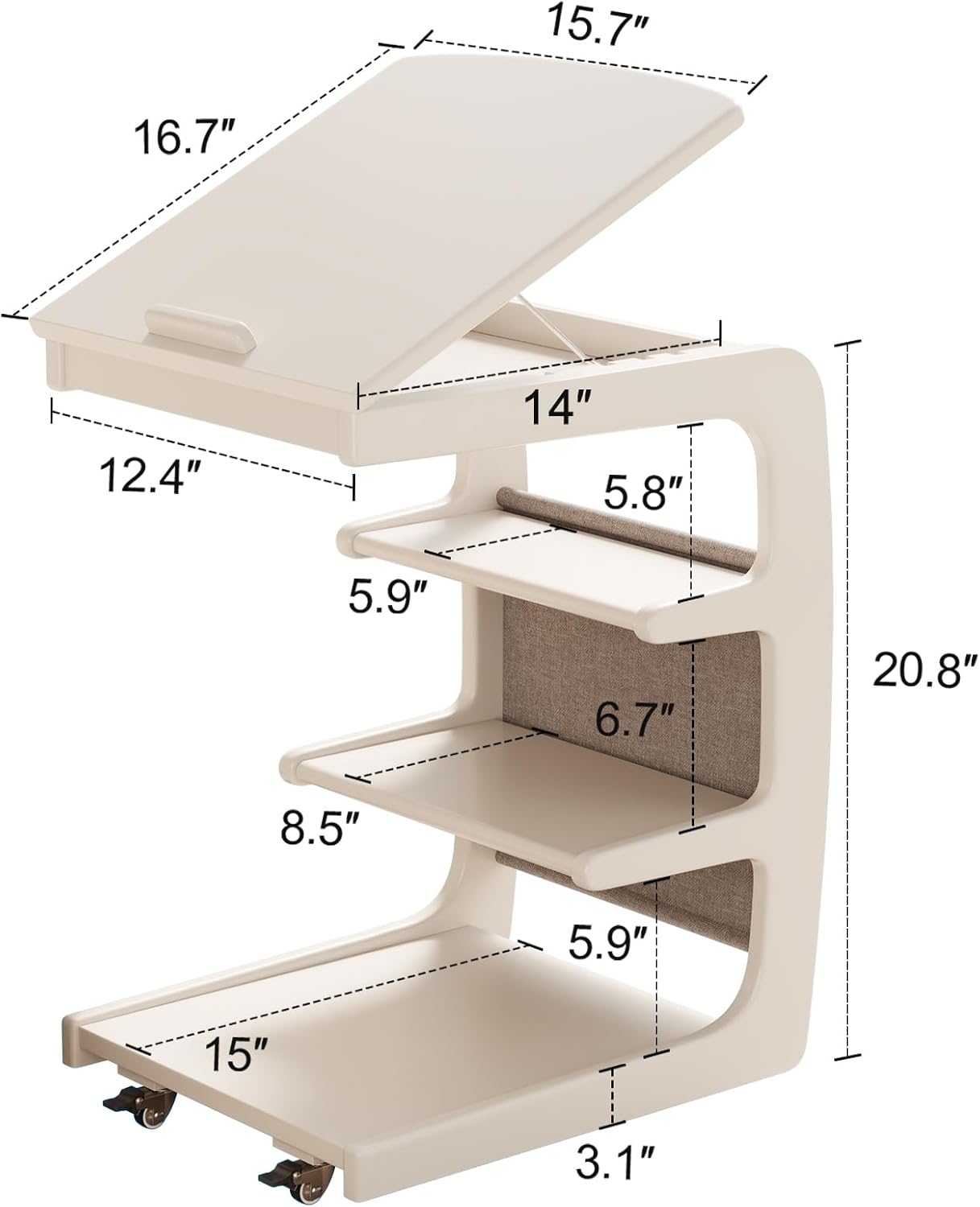 Houten C-vormige tafel voor de bank met wielen