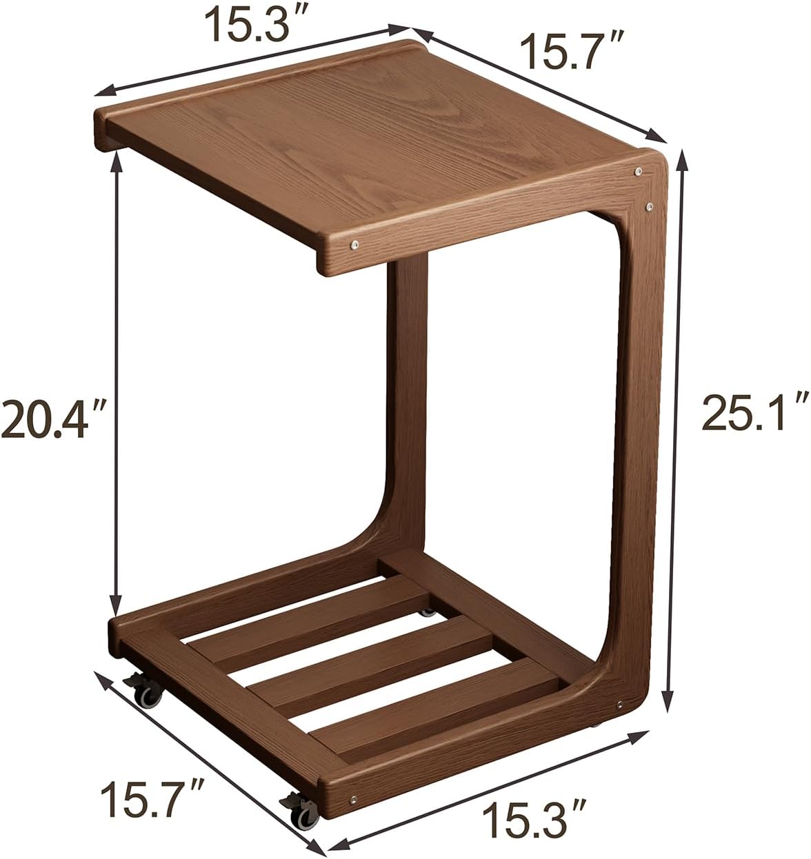 Houten C-vormige tafel voor de bank met wielen