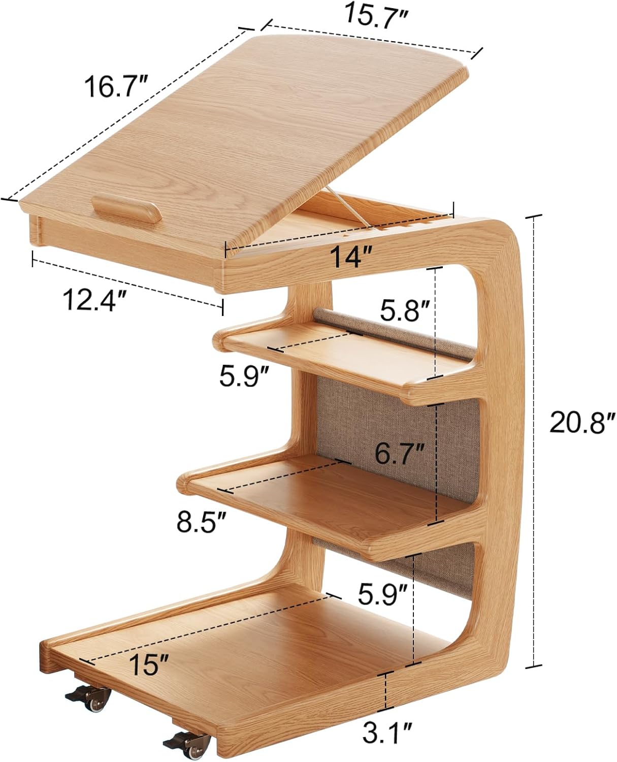 Houten C-vormige tafel voor de bank met wielen